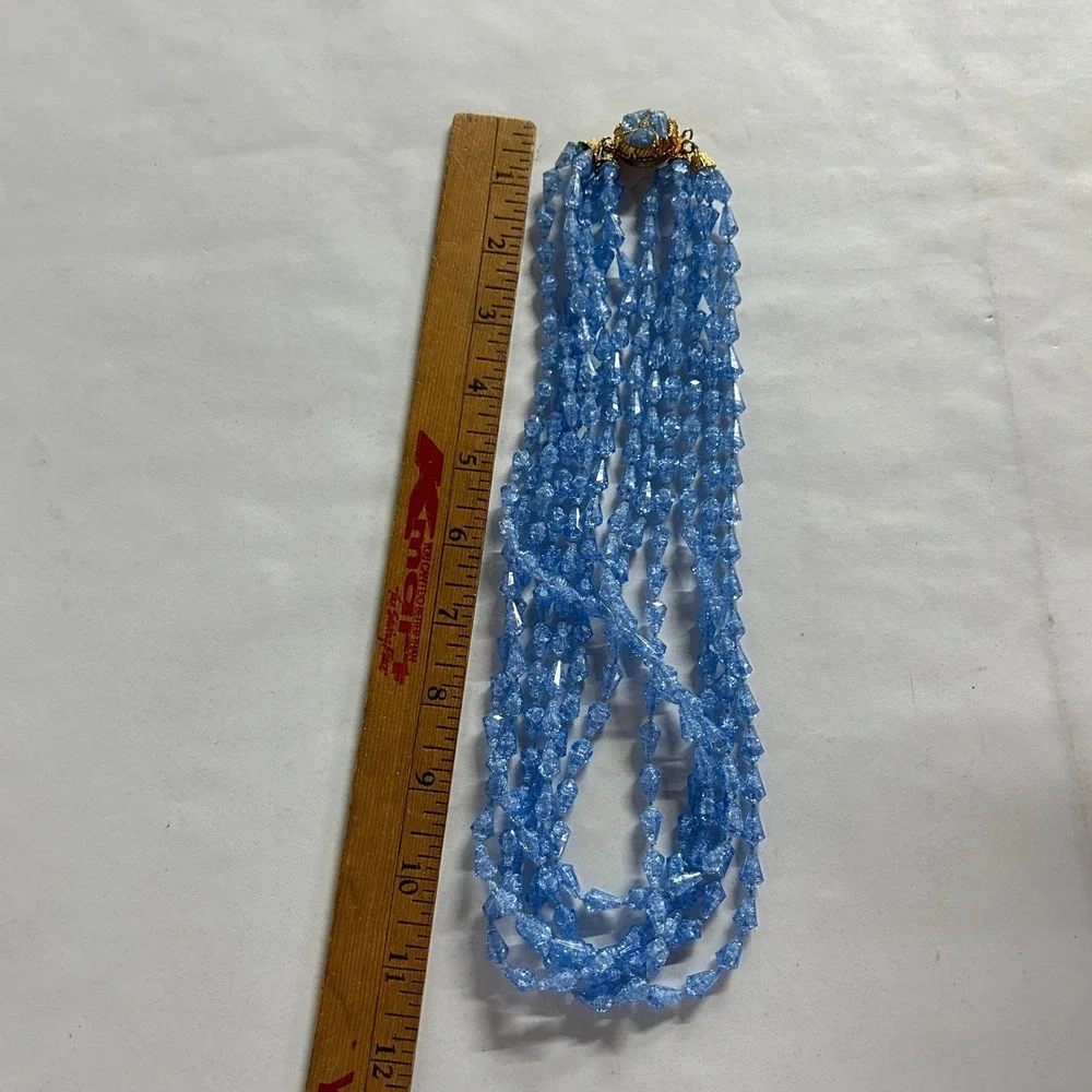 Vintage Multi Strand Beaded Bib Necklace Blue Mermaidcore Coastal Grandma Glam